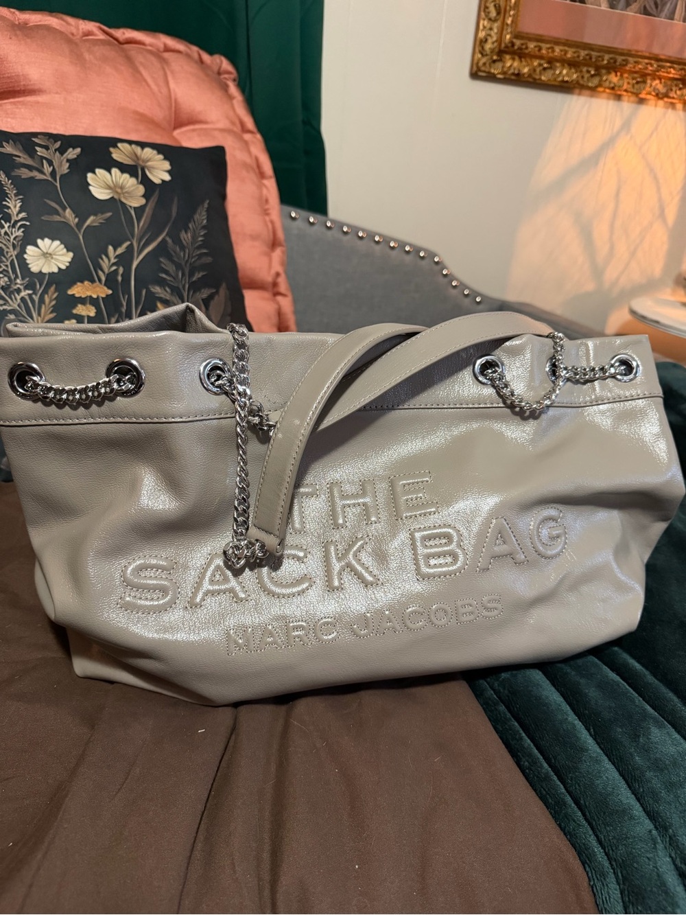 Marc Jacobs The Sack Bag in light gray leather with silver chain accents